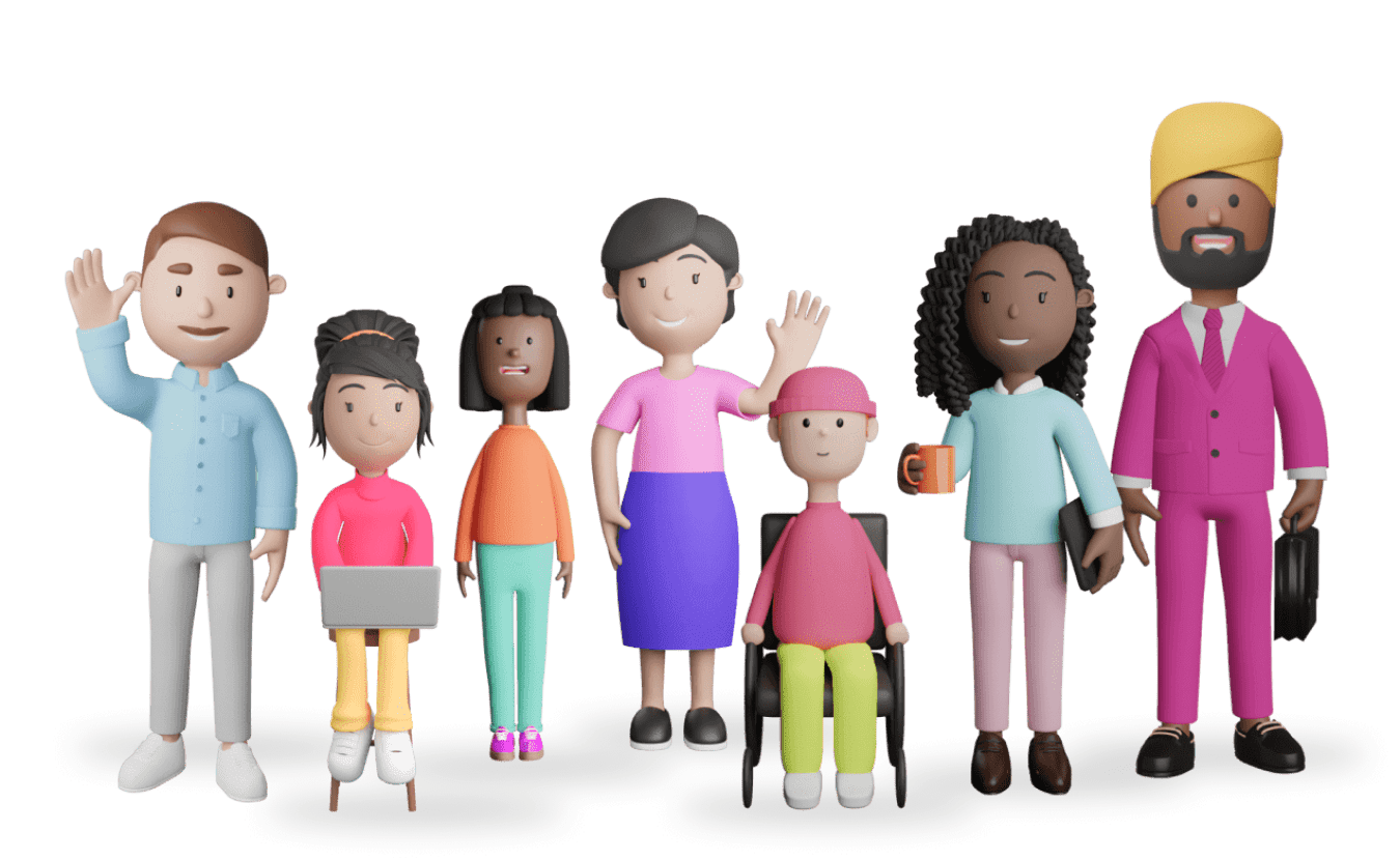 6 characters waving with 4 teachers and 3 students.