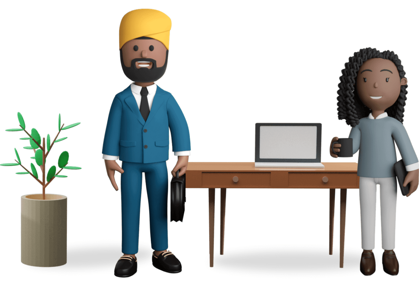 2 teacher characters next to a plant and laptop on a desk.