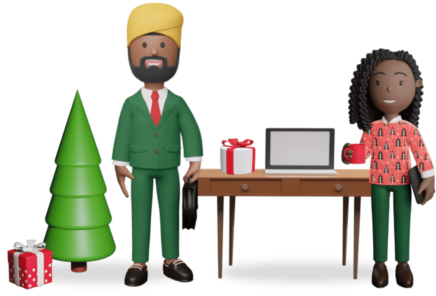 2 teacher characters next to a plant and laptop on a desk.