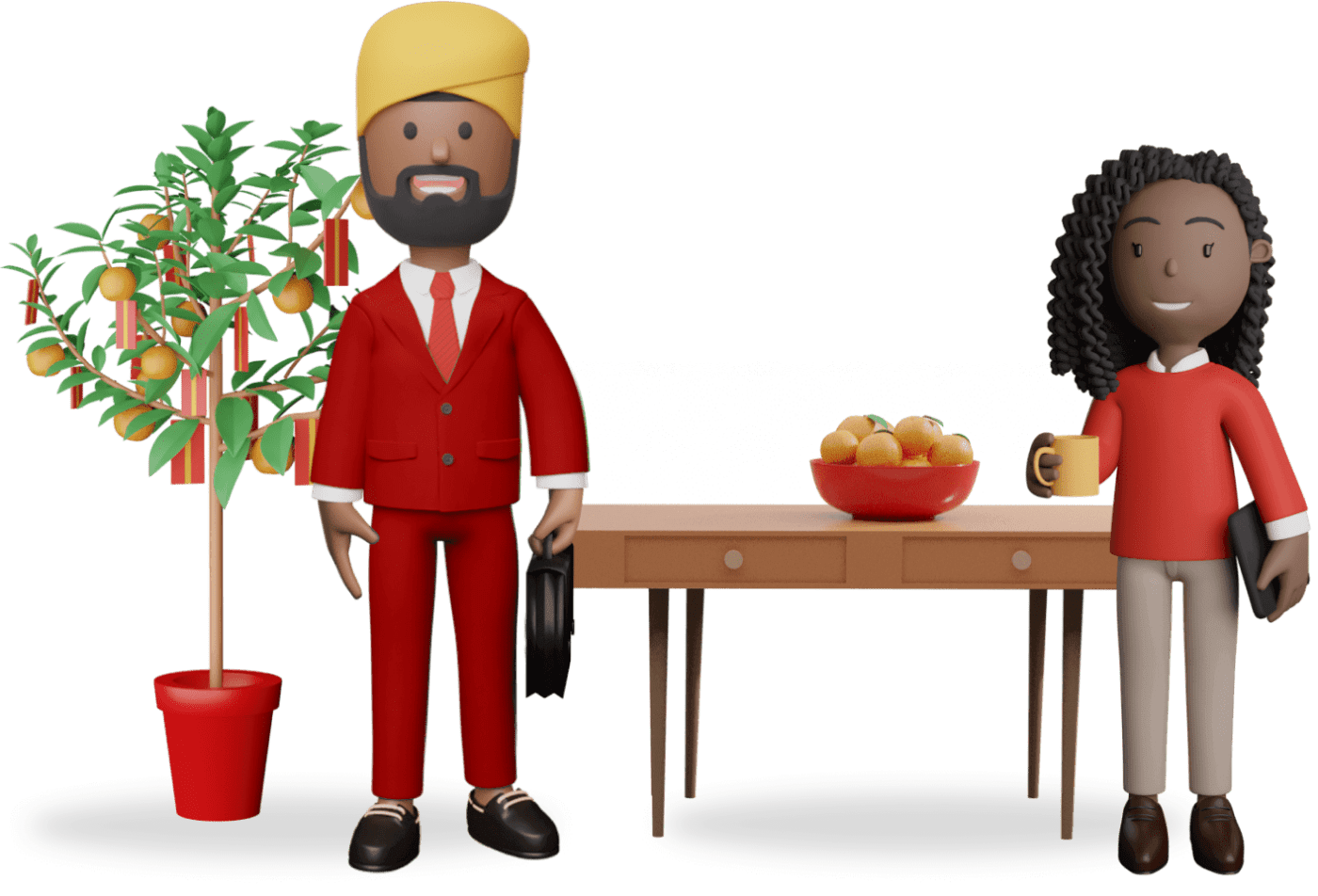 2 teacher characters next to a plant and laptop on a desk.