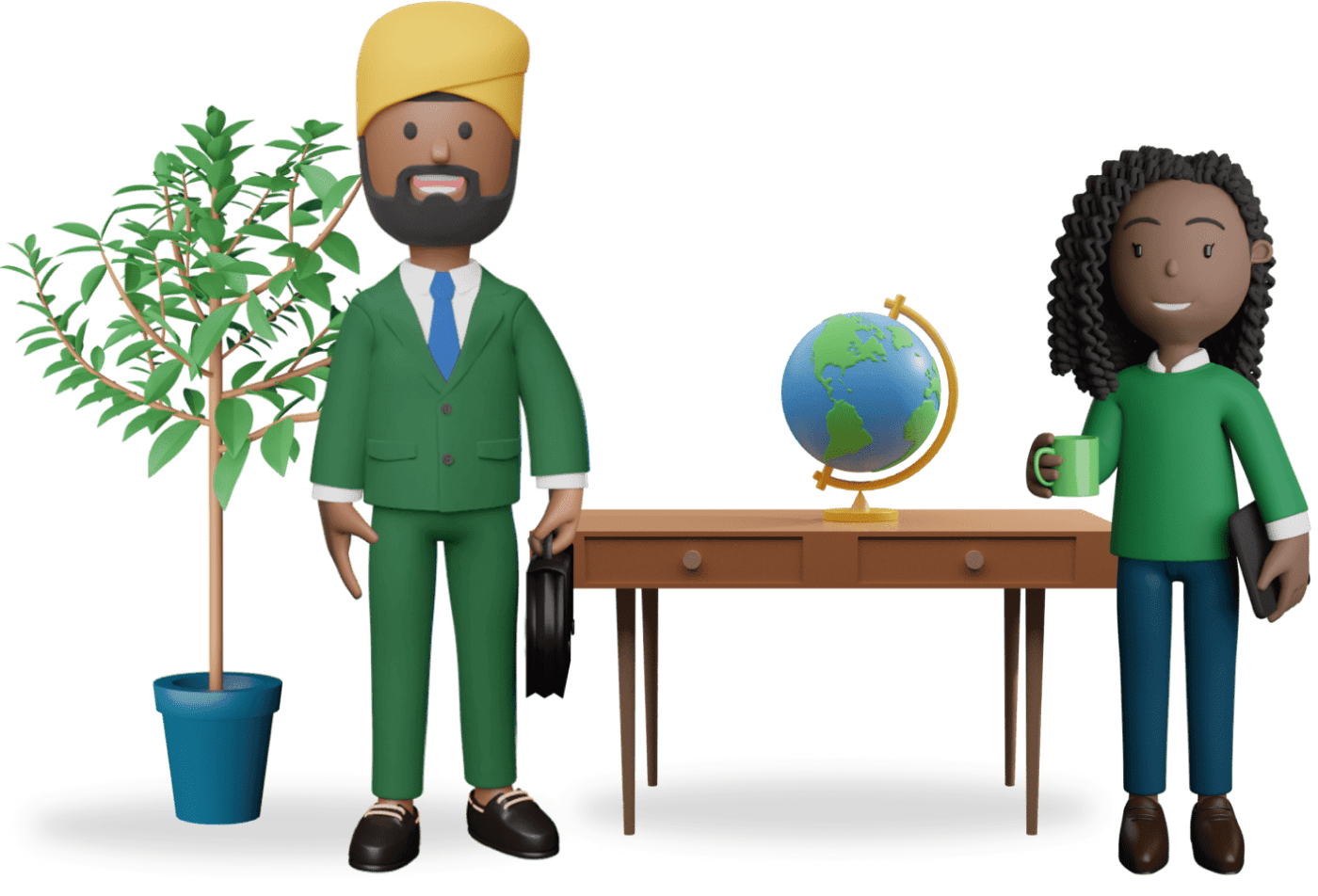 2 teacher characters next to a plant and laptop on a desk.