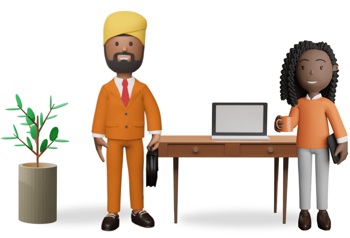 2 teacher characters next to a plant and laptop on a desk.
