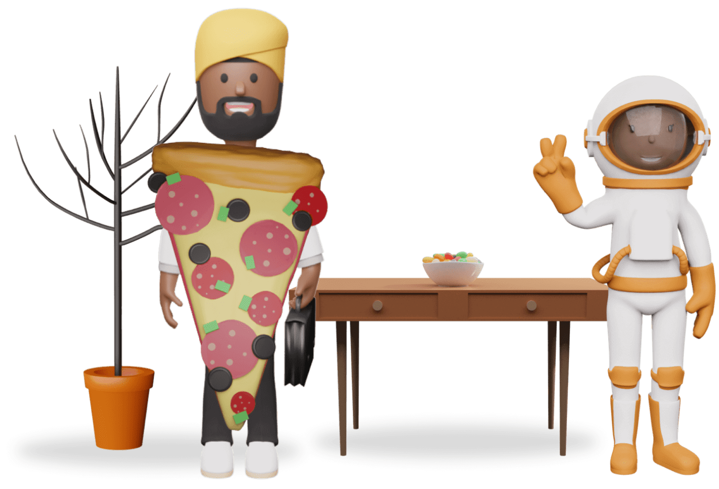 2 teacher characters next to a plant and laptop on a desk.