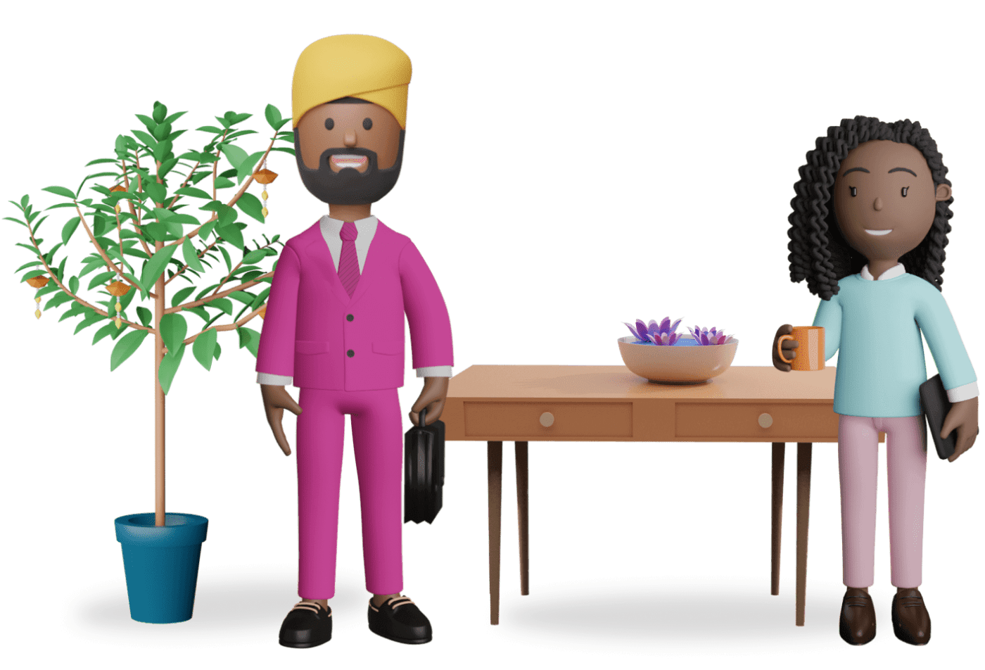 2 teacher characters next to a plant and laptop on a desk.